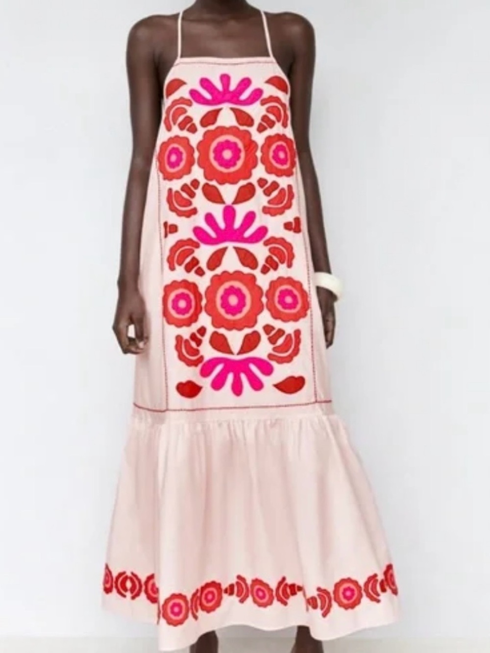 Zara Light Pink Maxi Dress with Red and Hot Pink Floral Embroidery